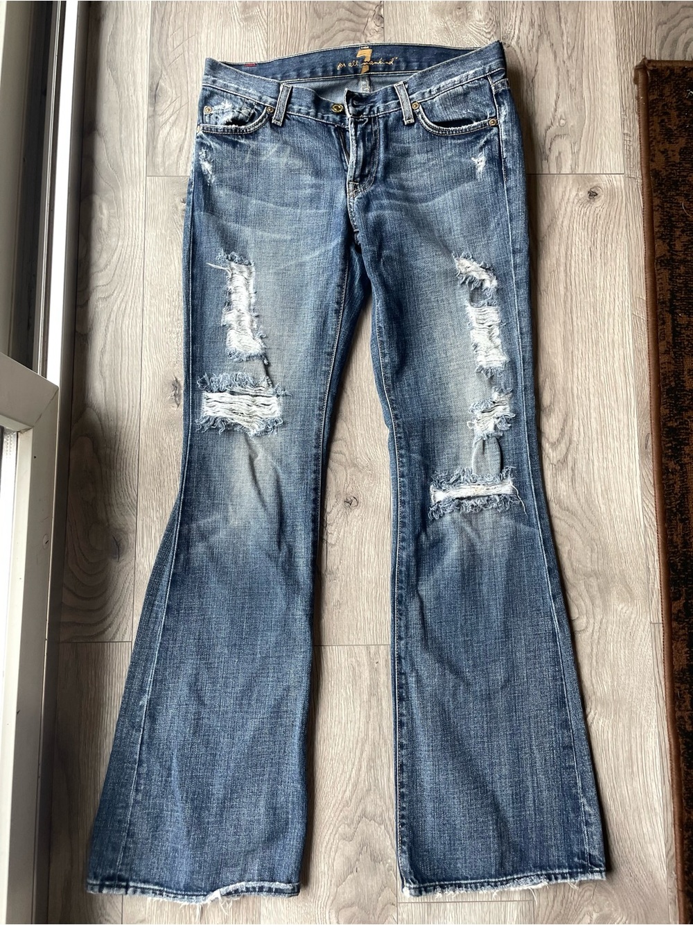 Y2K 7 For All Mankind Havana Distressed Flare Jeans Womens 28 Mid Rise